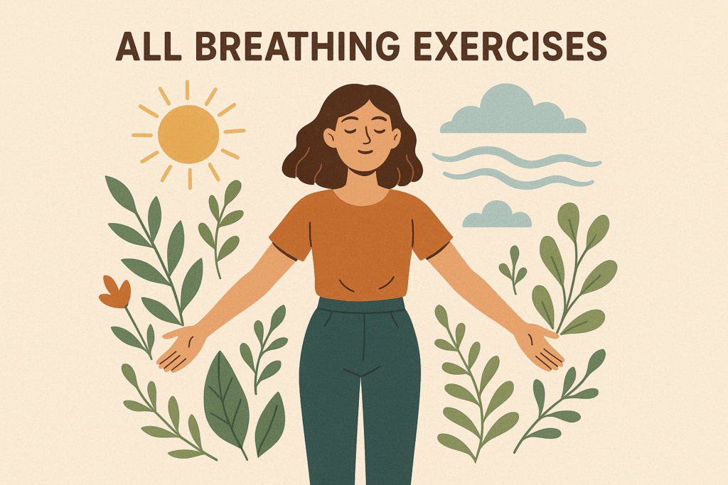 All Breathing Exercises: illustration of a relaxed person practicing calm breathing, surrounded by plants, sun, and clouds.