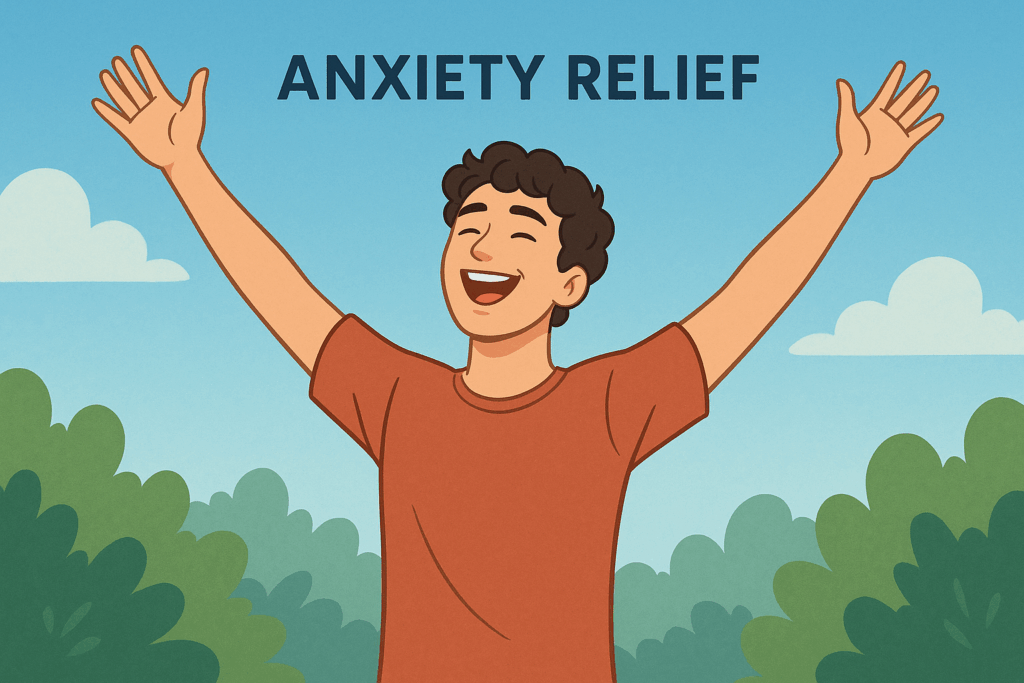 Anxiety Relief category hero image: smiling person outdoors with arms raised, conveying calm and freedom