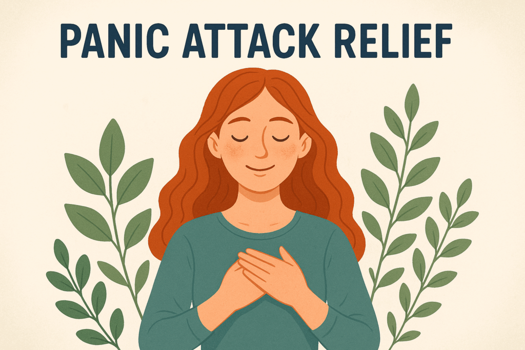 Panic Attack Relief category hero image: calm person with eyes closed and hands on chest, symbolizing grounding and safety