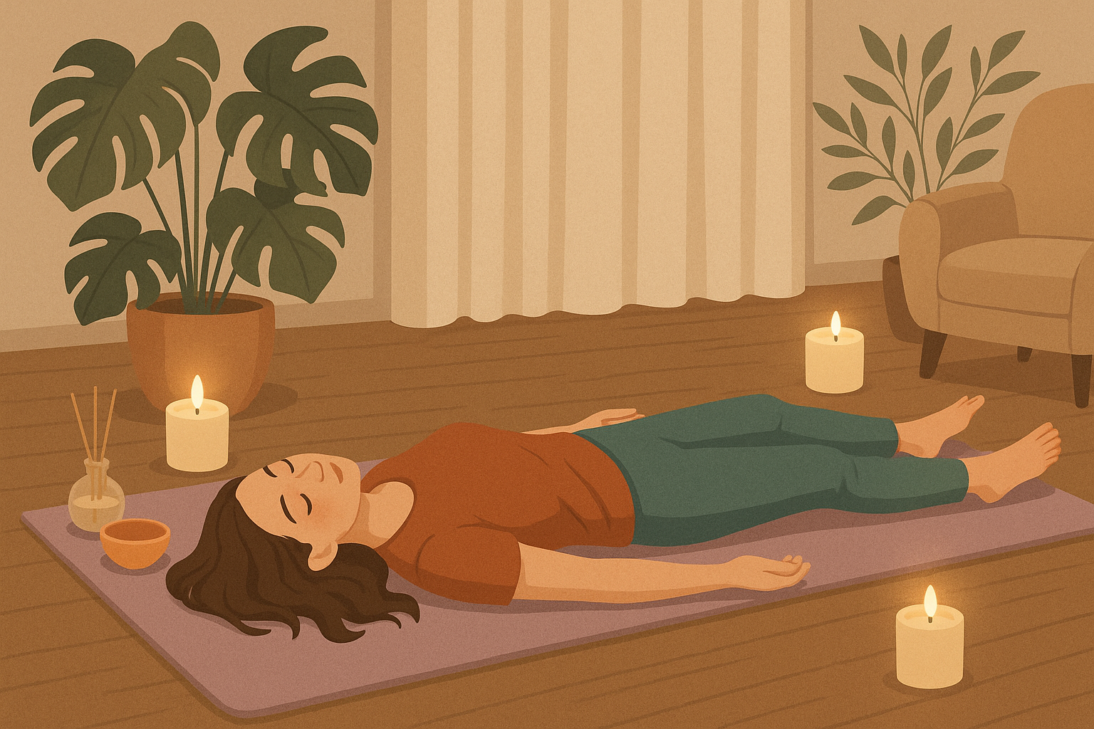 Illustration for the Progressive Muscle Relaxation exercise: a person lying calmly on a mat in a softly lit room to model a relaxing setup.