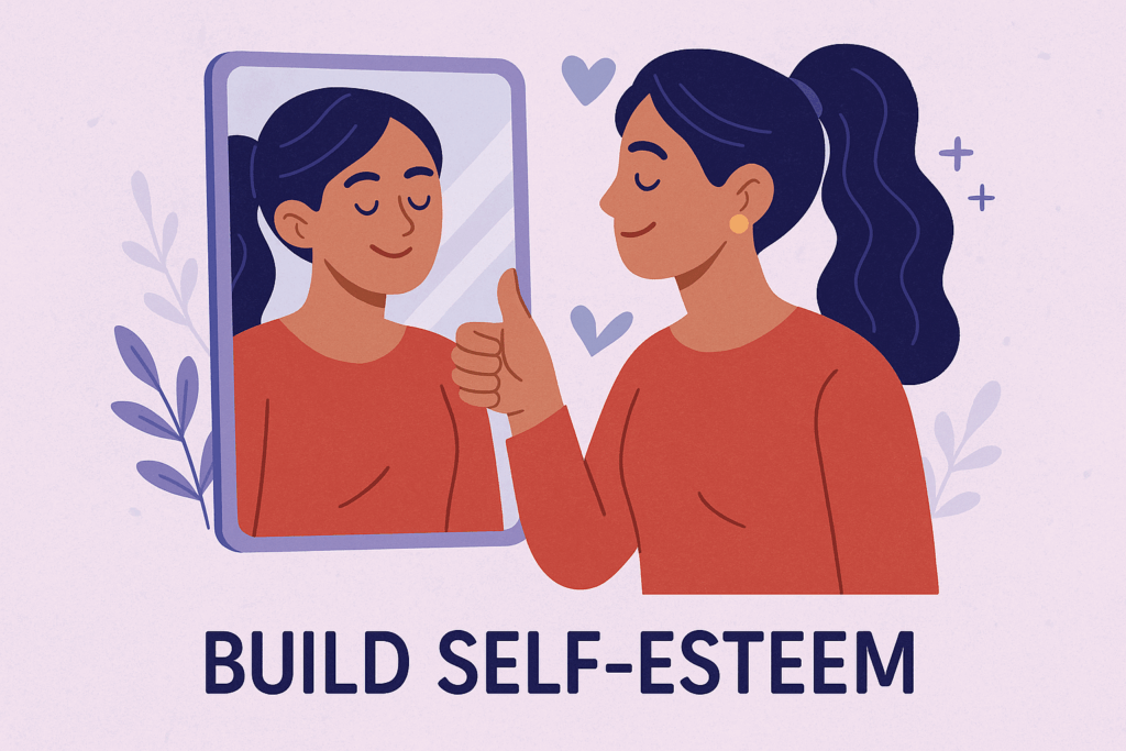 Category image for Build Self‑Esteem: an illustration of a person giving a thumbs‑up to their reflection, symbolizing positive self‑talk and growing confidence.