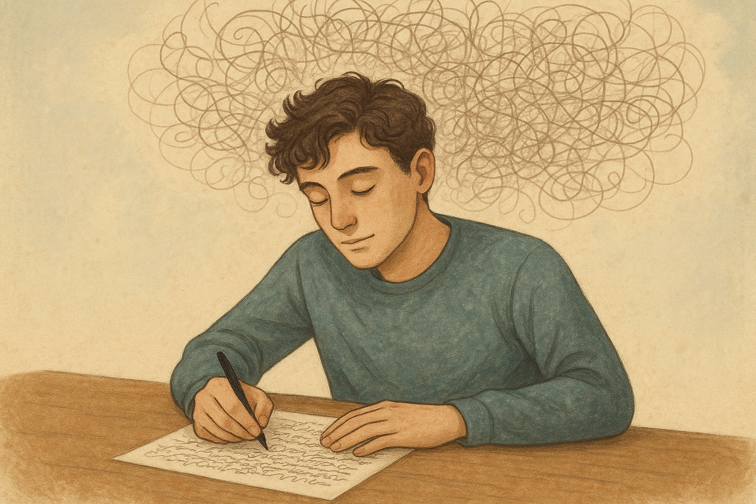 Illustration for the Expressive Writing practice: a person writes to process emotions, with swirling lines symbolizing busy thoughts.