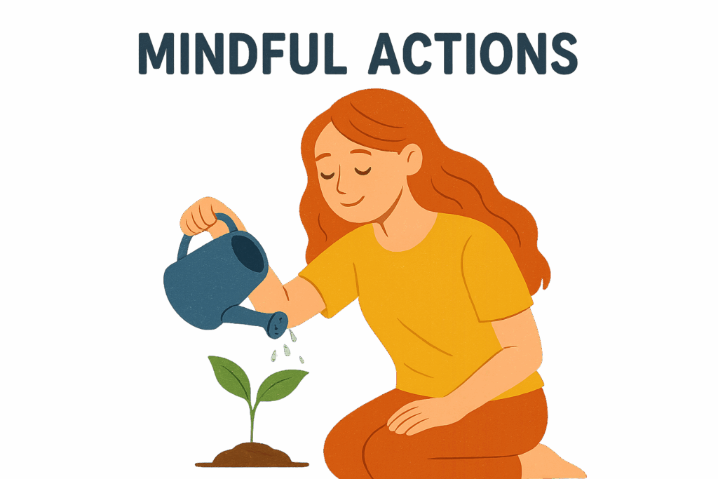 Mindful Actions category image: a person calmly watering a young plant, symbolizing intentional habits and steady growth.