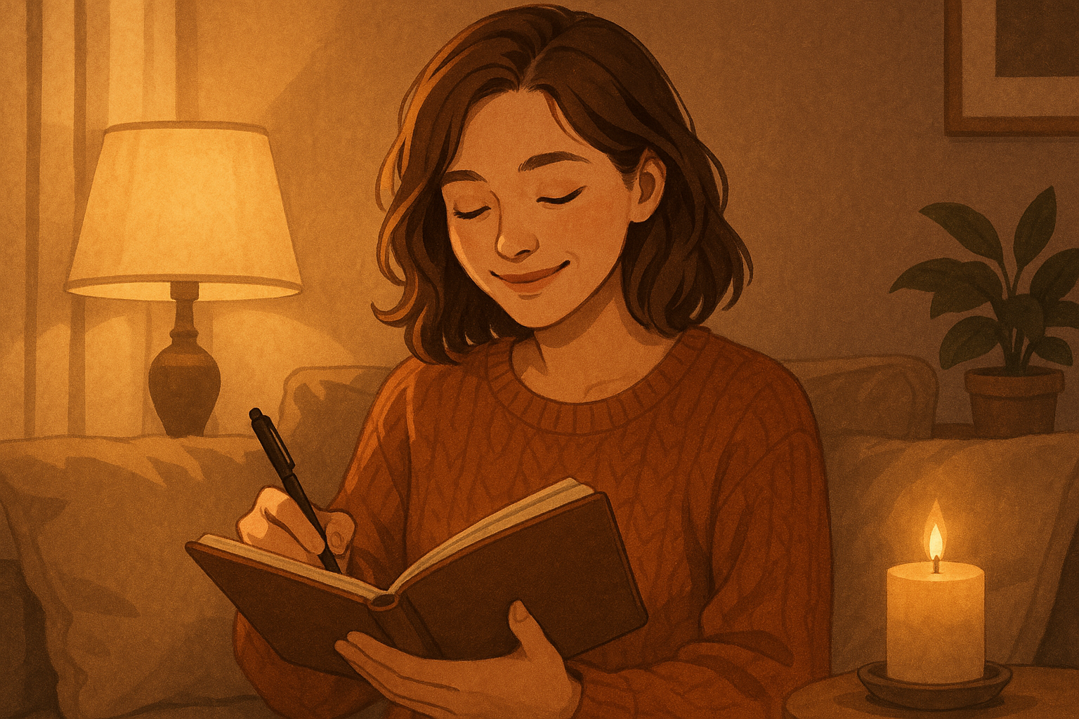 Person journaling in a cozy evening setting with a candle, illustrating a nightly gratitude practice for calm and reflection
