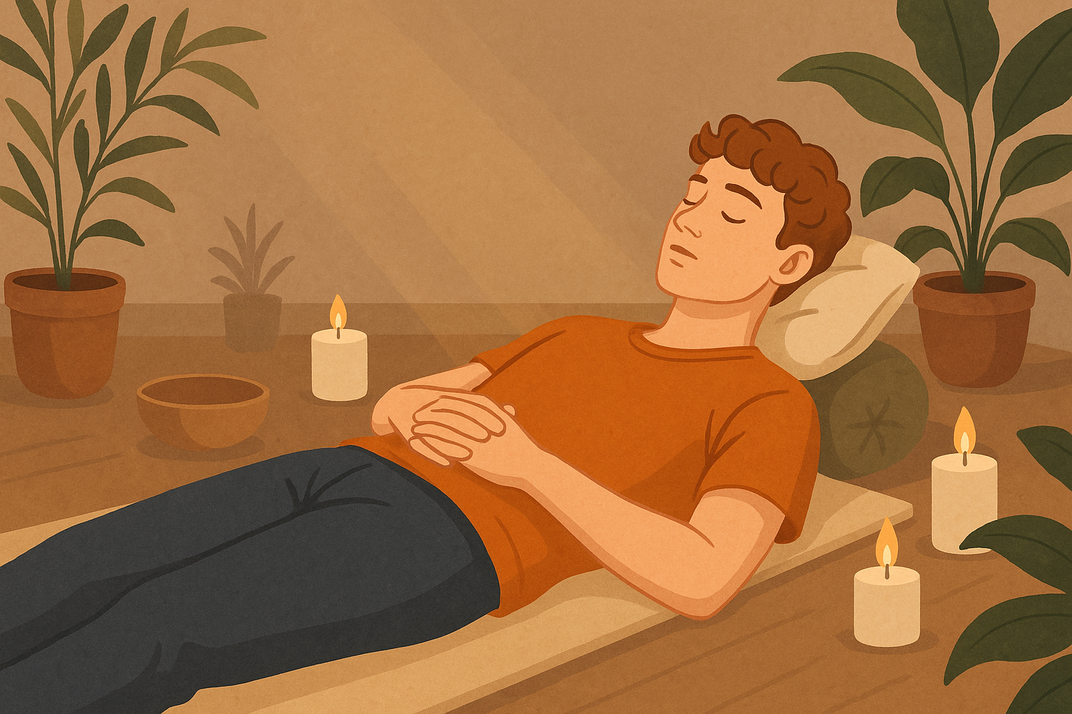 Lie down comfortably and sweep attention through the body—from toes to head—breathing easily.

