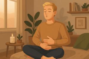Illustration for the Mindful Breathing practice: a person seated cross‑legged at home, hand on belly, demonstrating gentle breath awareness.