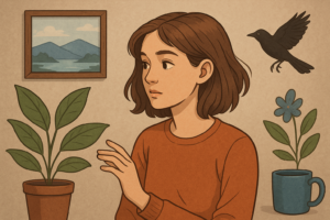 Illustration for the 5‑4‑3‑2‑1 Grounding practice: a person scans their surroundings, engaging sight, sound, touch, smell, and taste.