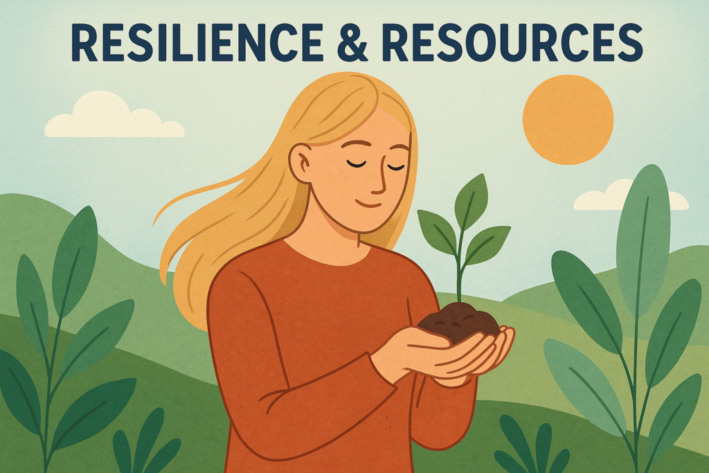 Illustration for the Resilience & Resources category: a person holding a sprouting plant, symbolizing growth, recovery, and inner support.
