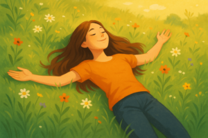 Person resting in a sunlit flower meadow, eyes closed and arms open—visual cue for Safe Place Visualization and inner calm.