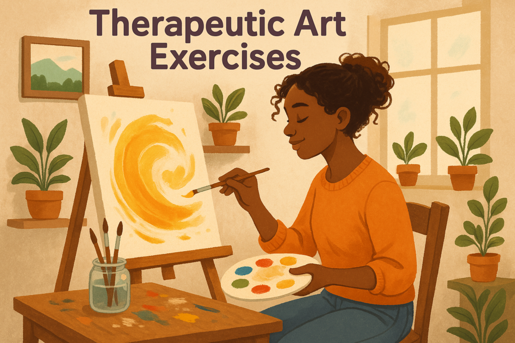 Illustration for Therapeutic Art Exercises: a person painting a calming swirl on canvas in a sunlit room, symbolizing creative self-care.