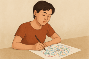 Therapeutic Art Exercises - art therapy: person with eyes closed drawing overlapping loops for a fractal doodle practice to relax and focus.