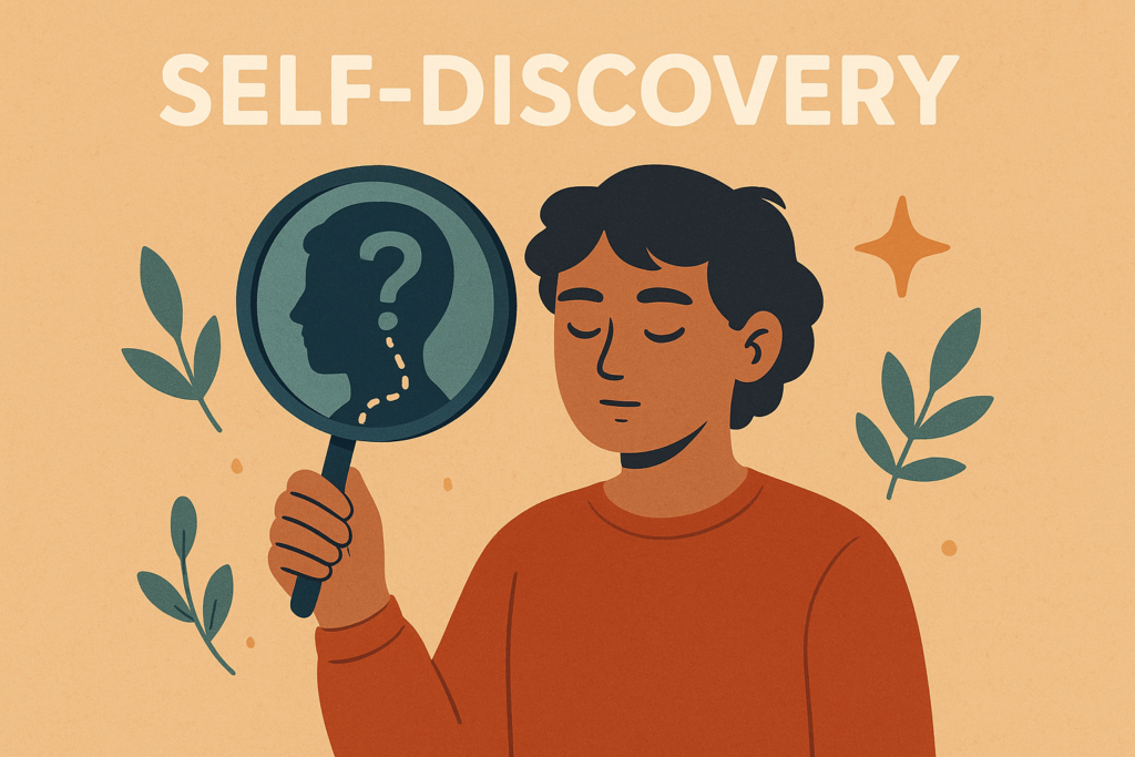 Self-Discovery category illustration: person holding a magnifying glass with a head silhouette and question mark, symbolizing self-awareness and identity exploration.
