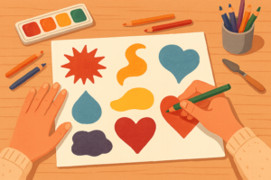Therapeutic Art Exercises: Map of Feelings — hands drawing colorful shapes to visualize emotions on paper with pencils.