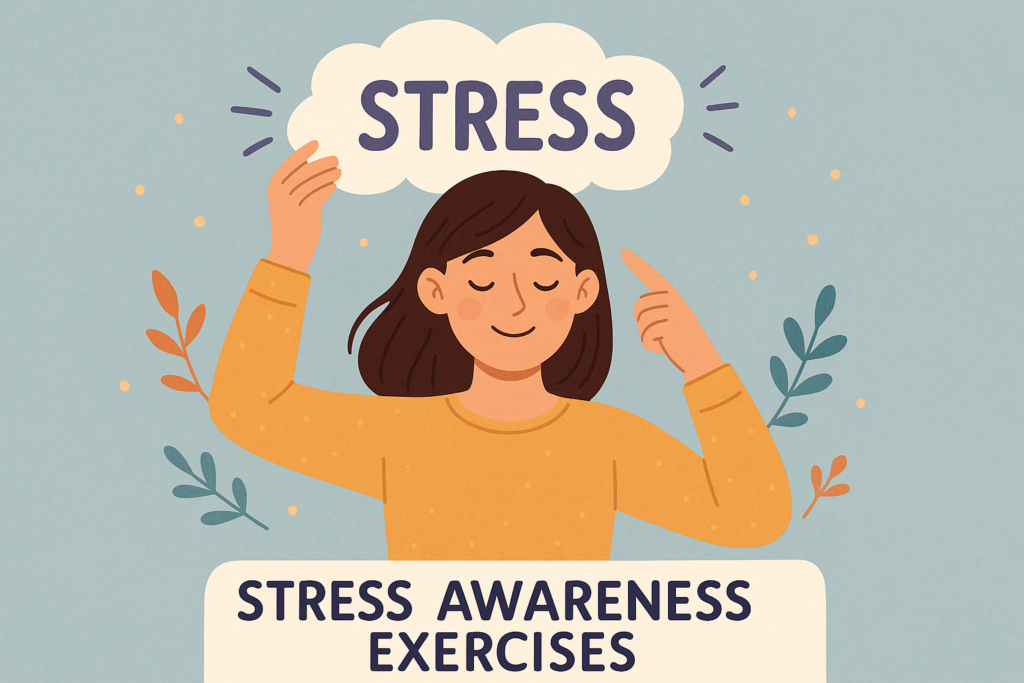 A thoughtful young woman holding a sign above her head that says "STRESS" – symbolizing the moment of recognizing and acknowledging stress consciously.