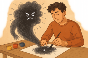 Person drawing a dark cloud to visualize stress during the “My Stress” art‑based exercise.