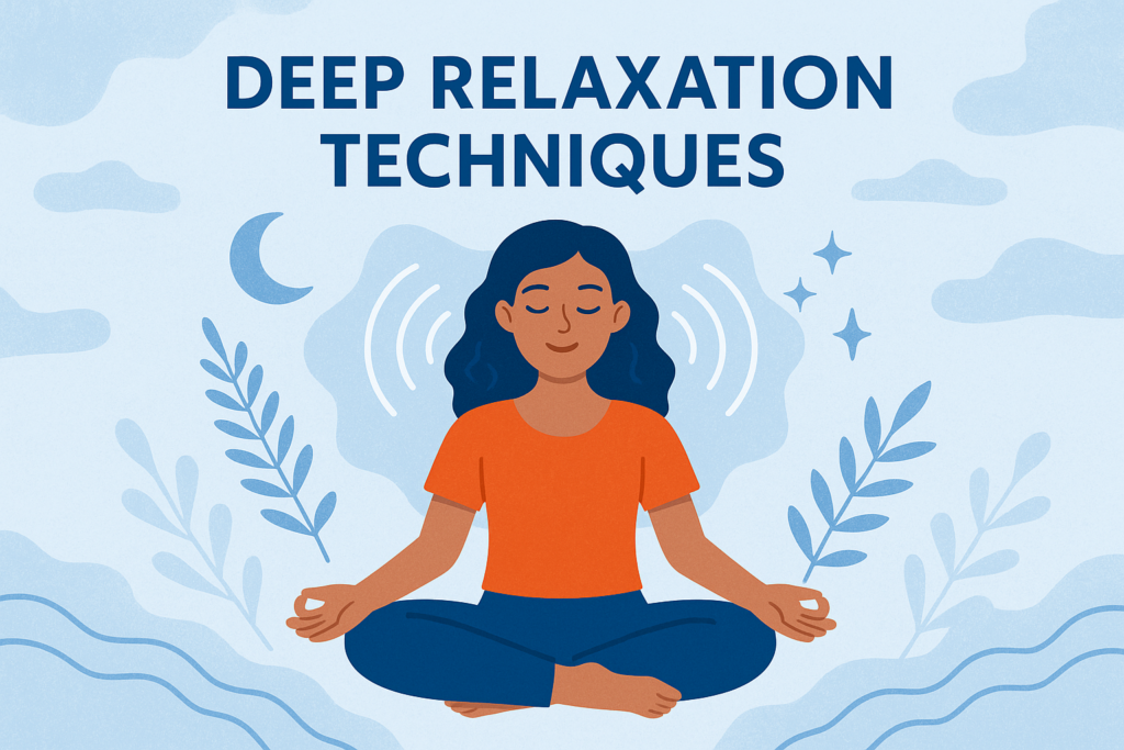 Header image for Deep Relaxation Techniques: person meditating cross‑legged with calming symbols and the title text.
