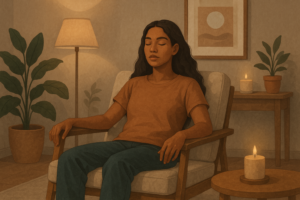 Calm person seated with eyes closed in a softly lit room with candles and plants, illustrating a comfortable setup for Autogenic Training.