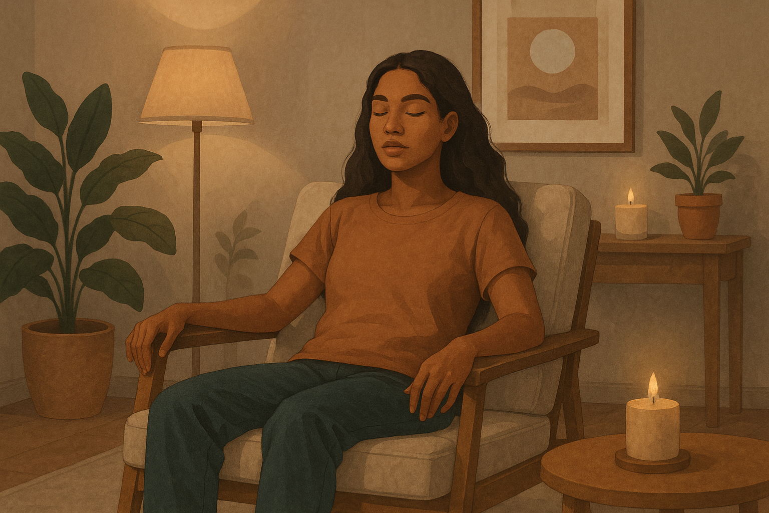 Find a stable, comfortable seat, soften the body, and follow gentle cues of heaviness, warmth, calm pulse, and easy breath.

