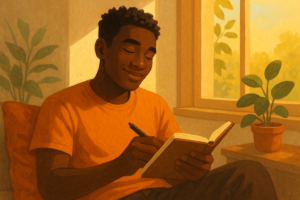 Person journaling with a gentle smile by a sunlit window, illustrating a calm setting for the Self‑Support Journal practice.