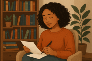 Illustration of a person calmly writing a forgiveness letter at home; visual cue for the Forgiveness Letter expressive writing practice.