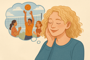 Visual cue for Resource Memory Anchoring: a person recalls a positive memory to access calm, connection, and confidence.