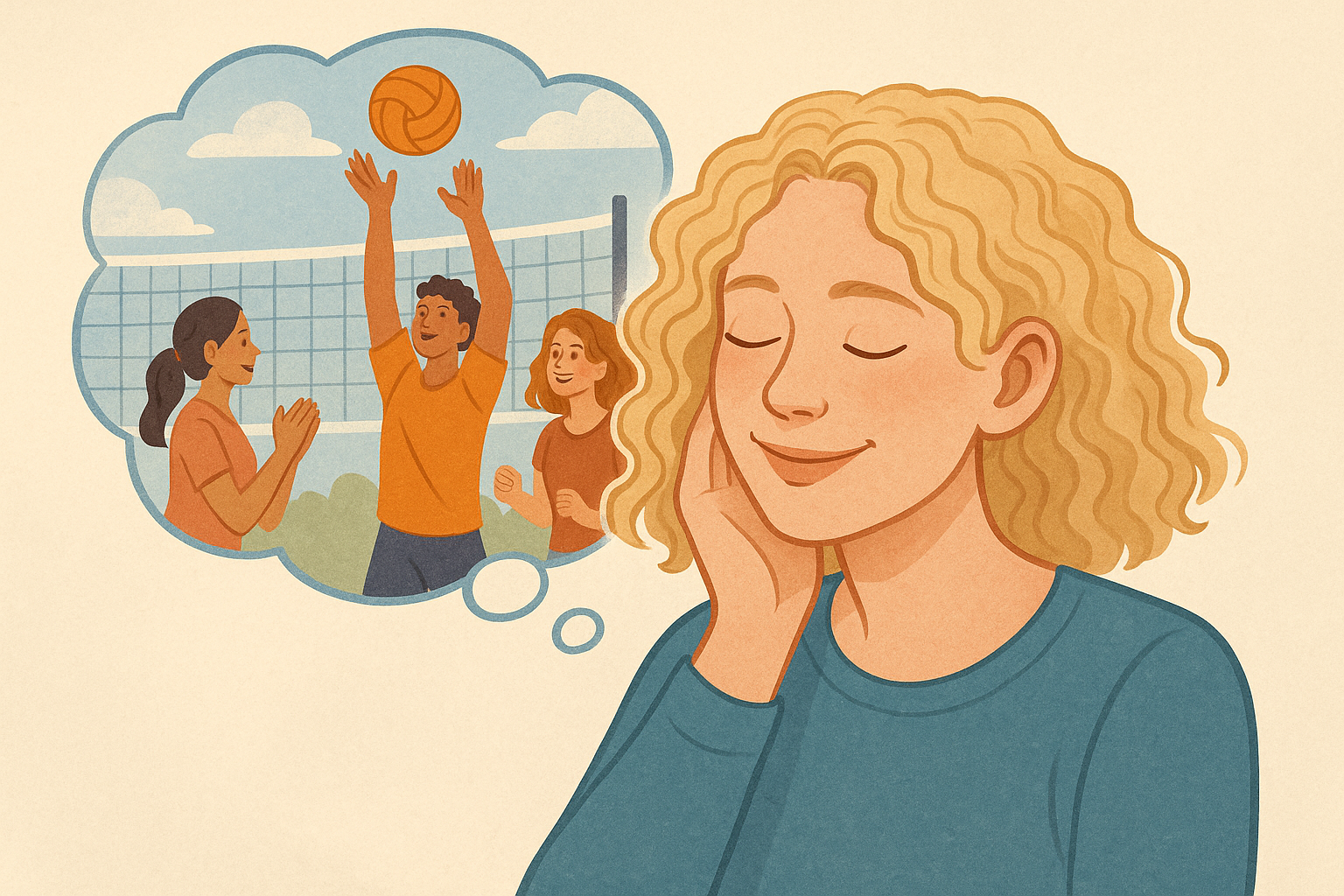 Remembering a joyful scene, like playing with friends, can anchor supportive feelings you can return to anytime.

